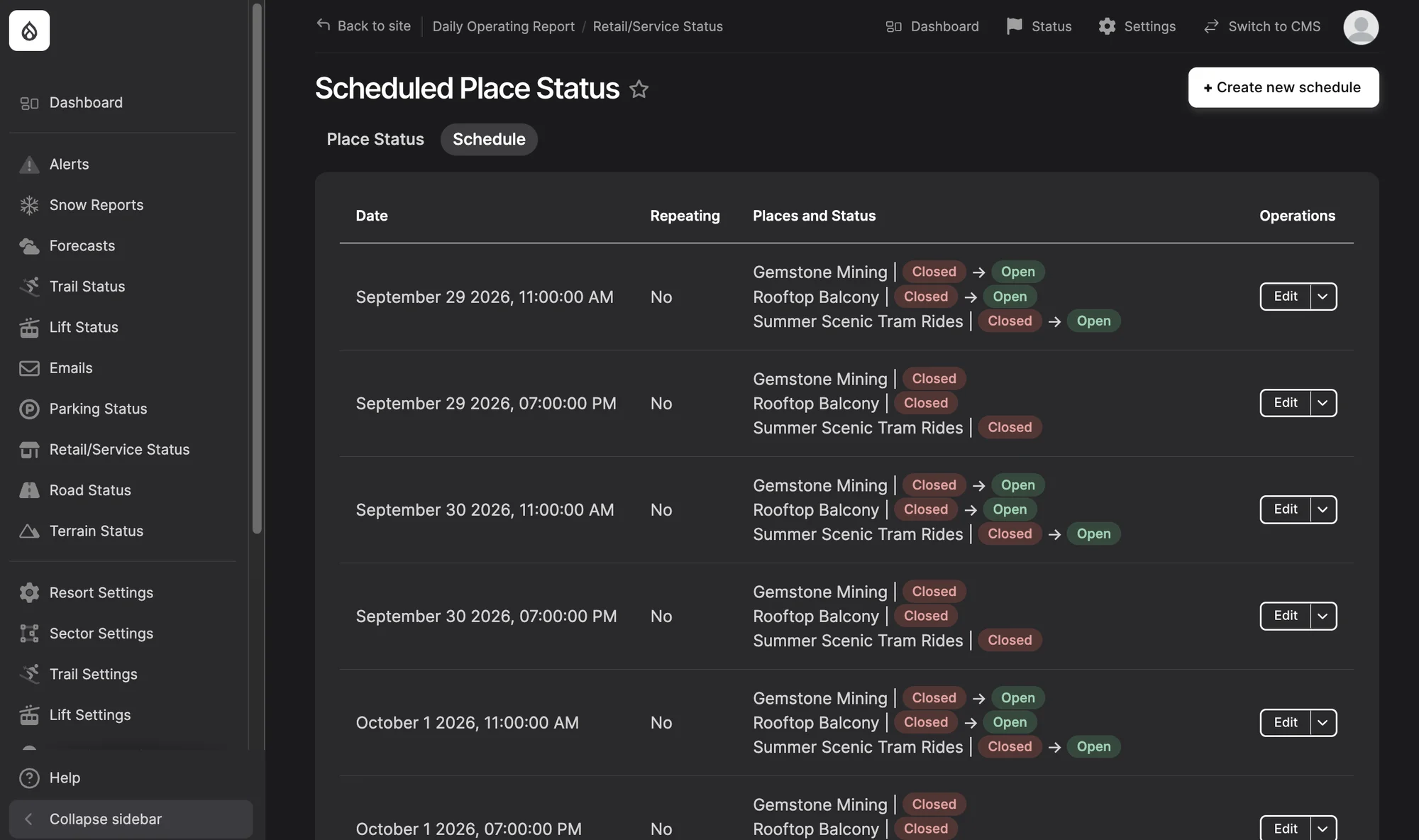 POWDR’s Scheduled Place Status view: dated schedules that switch places such as Gemstone Mining, the Rooftop Balcony, and Summer Scenic Tram Rides between Closed and Open